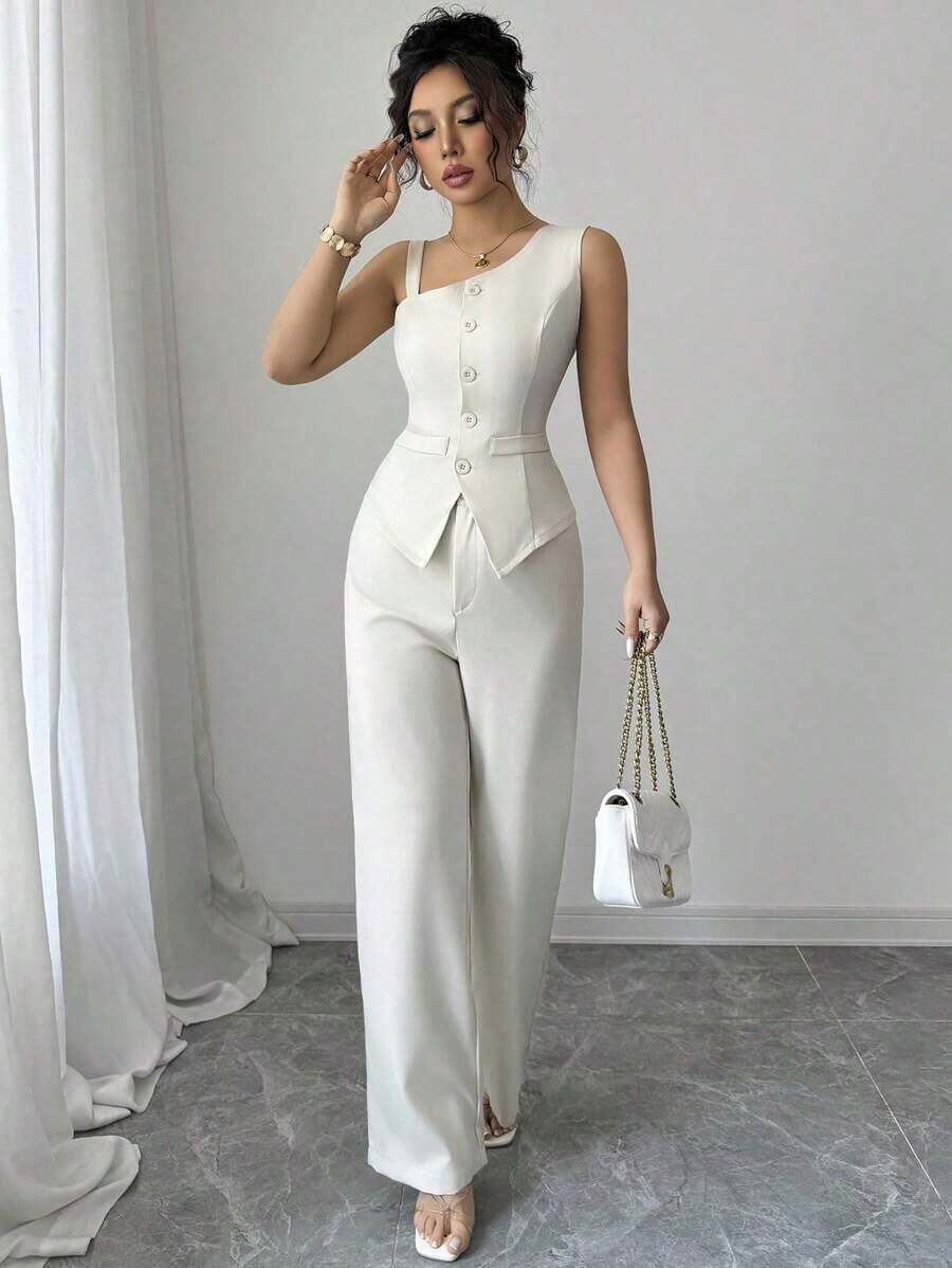 Conjunto de chaleco sin mangas y pantalones rectos para mujer, con tirantes, cierre de botones, para primavera/verano - Albaricoque - Ver 1