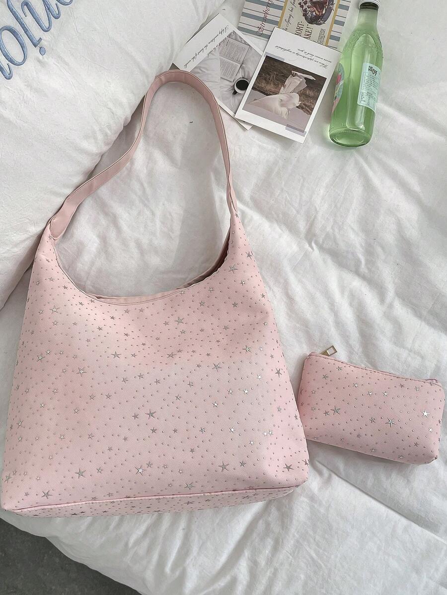2025 Fashion Matte Solid Color Punk Rivet Commuter Tote Bag, Minimalist Niche Underarm Bag, Large Capacity Shoulder Bag - Pink - View 1