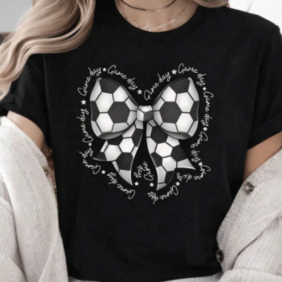 Collection Of Pretty Printed T-Shirts, 100% Cotton For Women, Basic Everyday T-Shirt, Short Sleeve, Casual And Elegant Top, Bow And Heart Prints, Fun Fashion T-Shirt, Aesthetic Summer Set, Gift For Her - Urban Vintage Style, Unisex Loose Cotton Short Sleeve Round Neck T-Shirt, Blouses For Women, Women's T-Shirts, Casual Blouses For Ladies. - 黑色 5 - 查看 1