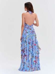 Vestido largo estampado 2026, pliegues en cintura, estilo tierno y elegante - Azul - Ver 4