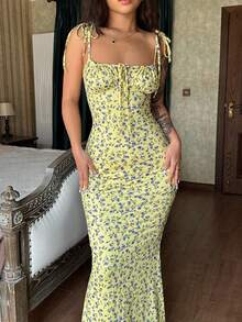 Modelo popular vestido largo mujer con estampado de flores pequeñas - Amarillo - Ver 1