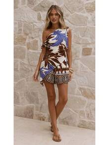 Women's Striped/Print One Shoulder Wrap Top & Shorts Set, Asymmetrical Two-Piece Outfit, Casual Summer Vacation Co-Ord, Multi Colors Available - Vit bakgrund med tryck - Visa 2