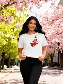 Women's Casual Short-Sleeved T-Shirt, Butterfly Print - Medium Elasticity, Spring/Summer, Machine Washable, Loose And Comfortable, Soft Texture, Relaxed Fit, Essential For Sports And Leisure, Available In Multiple Colors, Pure Cotton Printed T-Shirt For Women. - 白色 - 查看 1