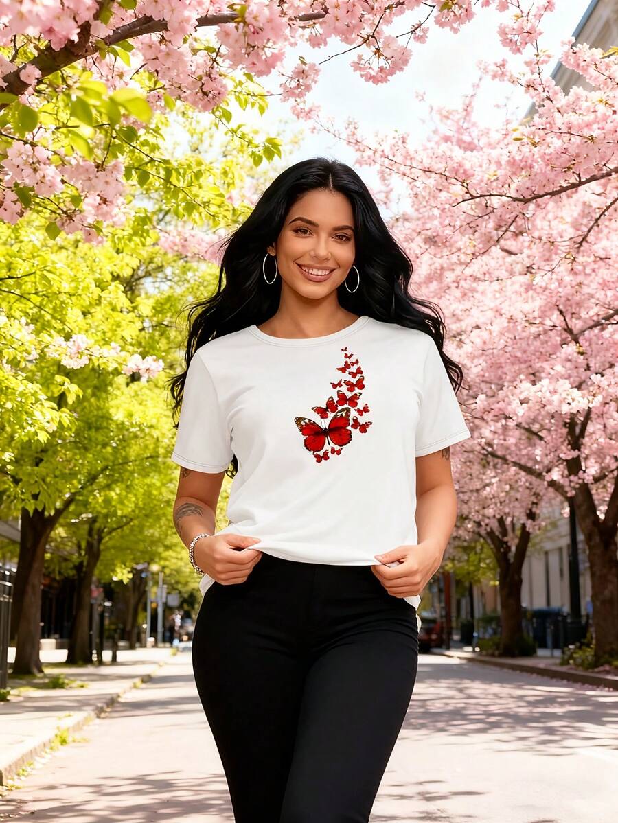 Women's Casual Short-Sleeved T-Shirt, Butterfly Print - Medium Elasticity, Spring/Summer, Machine Washable, Loose And Comfortable, Soft Texture, Relaxed Fit, Essential For Sports And Leisure, Available In Multiple Colors, Pure Cotton Printed T-Shirt For Women. - 白色 - 查看 1