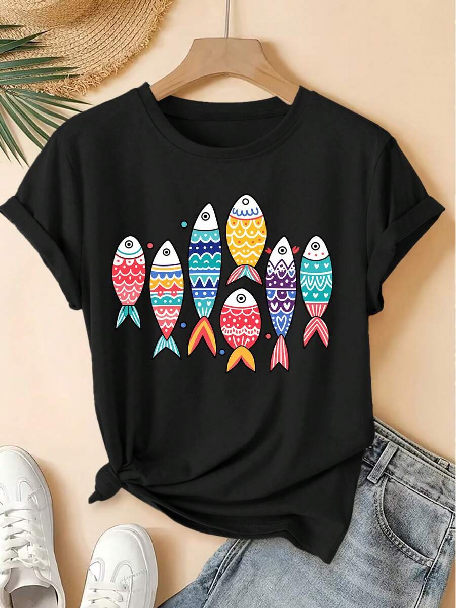 Diseño Simple y Versátil: Nueva Camiseta de Manga Corta para Mujer, Cuello Redondo, Estilo  Colorido con Estampado de Peces, para Primavera/Verano, Top Deportivo Casual Vintage con Aspecto Desgastado, Ropa de Mujer de Alta Calidad y Tela Suave. | Diseño Divertido y Original | Camiseta de algodón divertida y juvenil - Negro - Ver 1