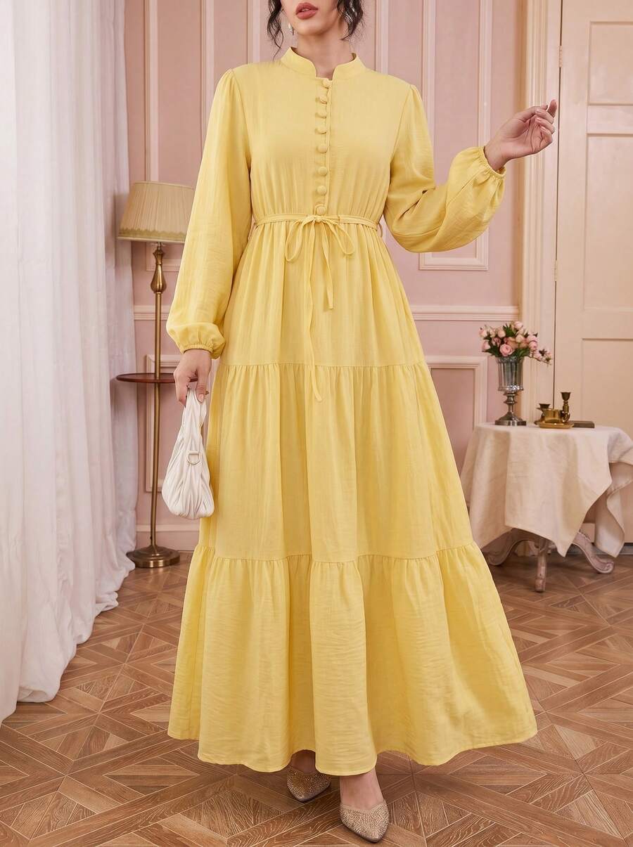 Solessence Đầm dài tay cổ tròn kiểu Ả Rập, có chi tiết buộc dây, thiết kế tay áo, màu vàng thanh lịch và thời trang cho mùa xuân. - Màu vàng - Xem 1
