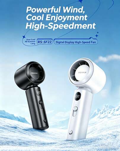REMAX Portable Fan With Smart Digital Display, 199-Level Stepless Speed Adjustment, High Speed, Strong Airflow, Large-Capacity Battery, Long Battery Life, Portable, Quiet, Mini Handheld Fan.