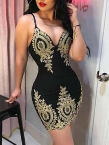 Female Sexy Voluptuary V-Neck Sheath Dress, Empire Waist Print Sleeveless Club Dress Party Cocktail Evening Miniskirt - 黑色 - 查看 5