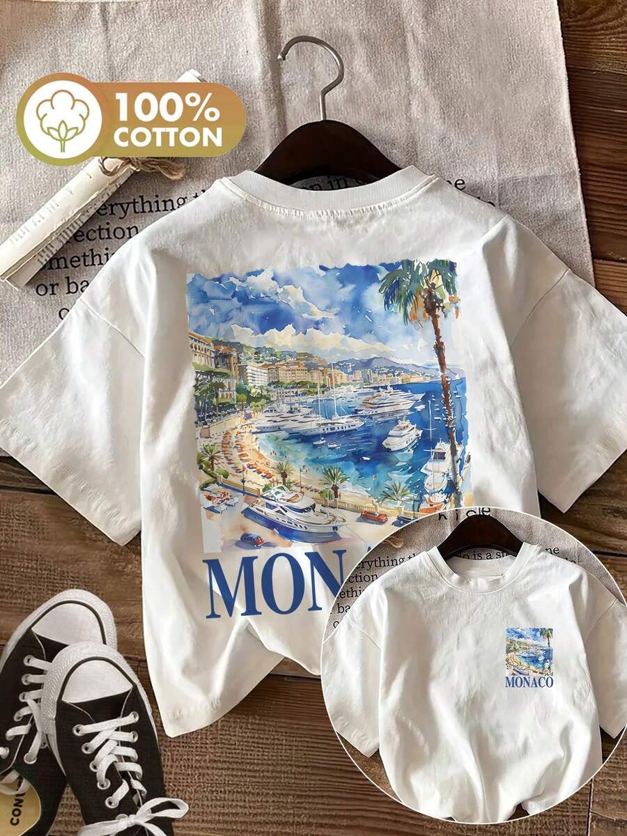 Double-Sided Printed Summer Casual Women's Top, Watercolor Style, Hunting And Palms, MONACO Print Crew Neck Short Sleeve T-Shirt, Ling K Summer Tops - White - View 1