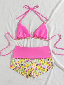 wohenmeili Bộ bikini nữ mùa hè đi biển, họa tiết chim hồng hạc nhiệt đới, sọc ngang, hở lưng, buộc dây phía trước, xẻ tà. - Mì gạo sọc vàng - Xem 7
