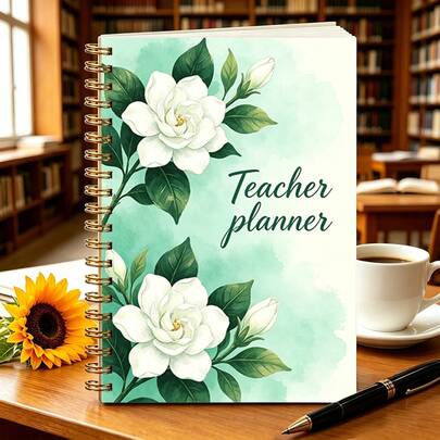 1 pièce Cahier de couverture de fleur de gardénia vert menthe de format A5 (8.3x5.5 pouces), convient pour la planification des leçons, la liste des tâches d'enseignement, un excellent cadeau pour les enseignants, les étudiants et les collègues