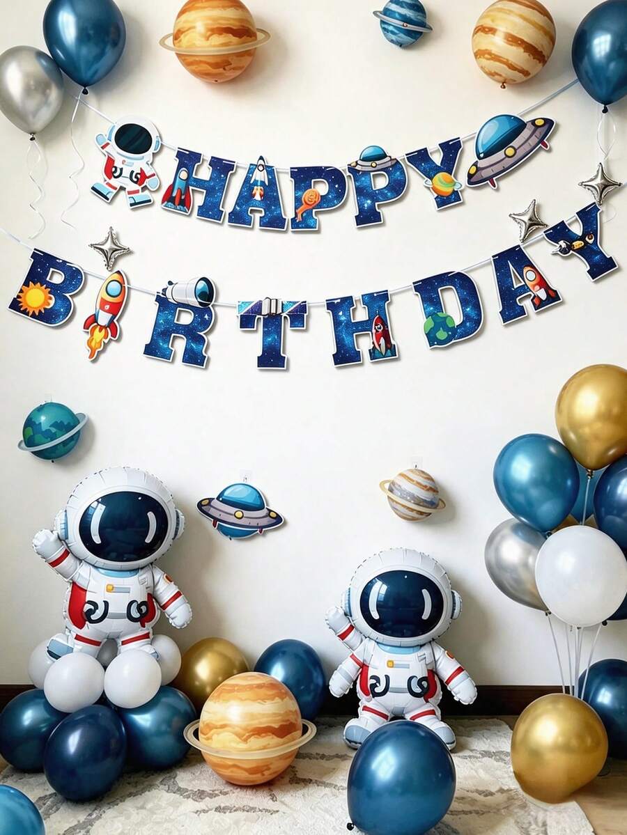 1 Set Space Astronaut Theme Birthday Party Decorations, Including Happy Birthday Banner, Space Astronaut Bunting, Birthday Party Backdrop Decoration Banner, Space Theme Hanging Decorations, Home Decor, Birthday Wall Decorations, Astronaut Birthday Party Supplies, Birthday Party Supplies, Birthday Gifts - Astronaut - View 1