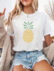 short sleevesCamiseta Casual con Estampado de Frutas para Mujer - Manga Corta, Cuello Redondo, Ligera, Diseño de Frutas Naranjas sobre Fondo Blanco, Poliéster Suave, Ideal para Primavera y Verano, Camiseta Casual de Verano |       Camiseta Estampada Divertida |       Soft Fiber Top.Adecuado como regalo.playera de mujer.blusas>eleganteLeisure - Blanco - Ver 6