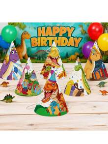 恐龍主題生日派對紙帽，經典彩色錐形派對頭飾，動物主題活動裝飾頭飾。可愛彩色恐龍卡通設計。適用於生日派對、性別揭曉派對、萬聖節裝扮、聖誕節、獨家恐龍主題派對、舞會、主題晚餐。派對氛圍必備裝飾品，趣味創意拍照道具 - 彩色 - 查看 8