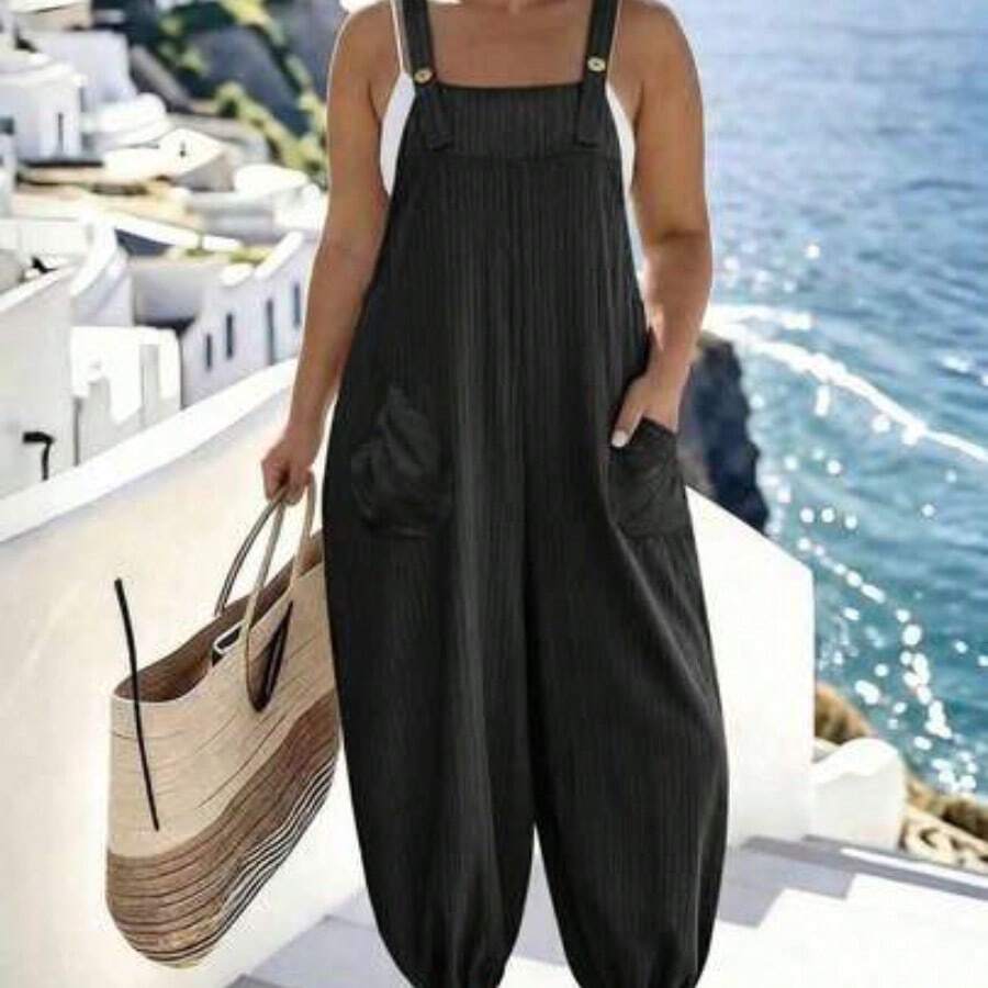 Plus Size Women's Elegant Striped Pocket Jumpsuit, Suitable For Work And Commute, Spring/Summer - Negro - Ver 1