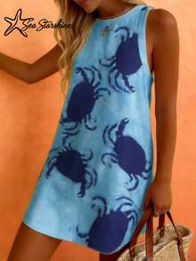 Women's Elegant Sexy Sleeveless Yellow Random Crab Print Dress, Suitable For Spring And Autumn Party Summer - Blue - View 3