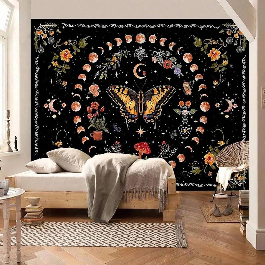 1pc Black Background Sky Butterfly Tapestry, With Orange Moon Phase And Floral Pattern, Suitable For Mysterious Witchcraft Style Home Decor, Bohemian Style Wall Art Fabric - Multicolor - View 1