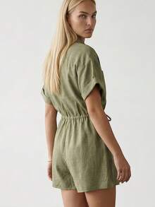 Women's Short Sleeve Romper With A Collared Neckline, Button-Front Closure, Chest Pocket, And Adjustable Drawstring Waist. Designed In A Lightweight Woven Fabric For A Comfortable And Versatile Everyday Look. - Khaki - View 4