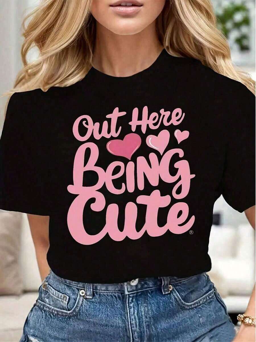2026 Fashion Graphic Print T-Shirts, Women's Casual Heart Print T-Shirt, Soft And Comfortable, Gift For Valentine's Day Or Birthday, Cotton, Fashion T-Shirt - 黑色 - 查看 1