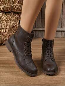 Women's Lace Up Combat Ankle Boots – Flat Low Heel Fashion Booties - Mocha Brown - View 2