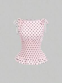 Camiseta de tirantes elegante, de estilo francés, con lunares, lazo en los hombros, cintura anudada y ajuste slim, versátil para primavera/verano - Rosa - Ver 1