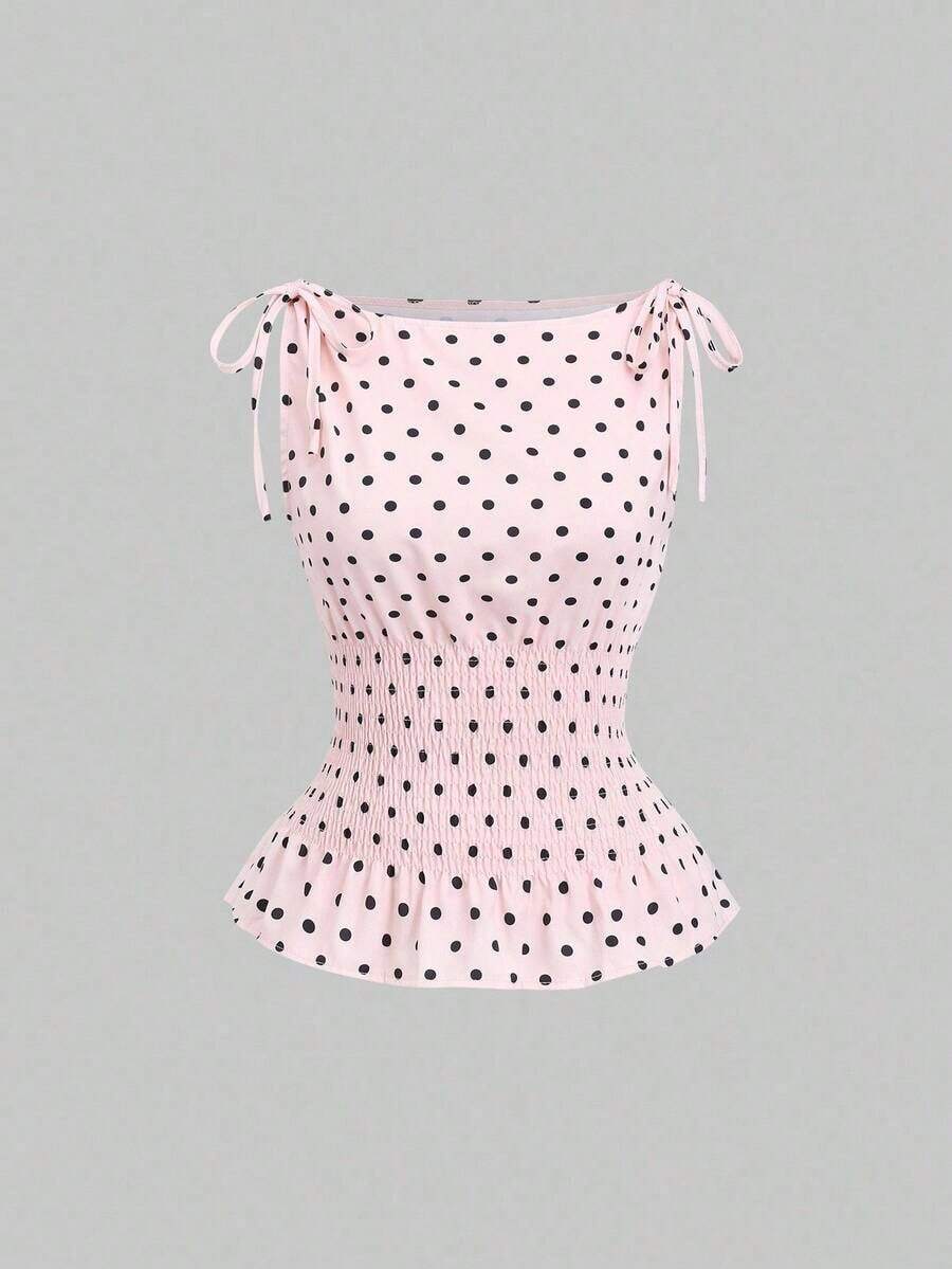 Camiseta de tirantes elegante, de estilo francés, con lunares, lazo en los hombros, cintura anudada y ajuste slim, versátil para primavera/verano - Rosa - Ver 1