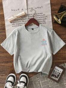 1 camiseta de manga corta estampada para niñas, color morado, informal, cómoda y elegante, ideal para estudiantes y adolescentes, adecuada para el ocio diario. - Gris - Ver 6