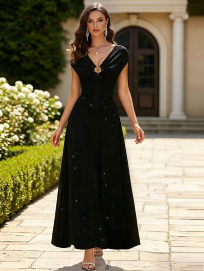 HOMEYEE Đầm dài hở vai thanh lịch đính sequin, đầm cocktail không tay dành cho nữ, hoàn hảo cho các dịp trang trọng và tiệc cưới.