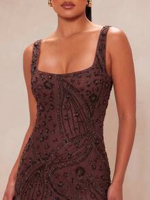 UNITHORSE Women's Square Neck Backless Cinched Waist Floral Beaded Elegant Evening Dress - Coffee Brown - View 5