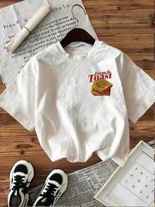 [Double-Sided Print] Women's Spring Summer Casual Tops, Retro "Toast" Print, French Toast, Round Neck, Pure Cotton Short Sleeve T-Shirt [Ling], Summer T-Shirt - White - View 2