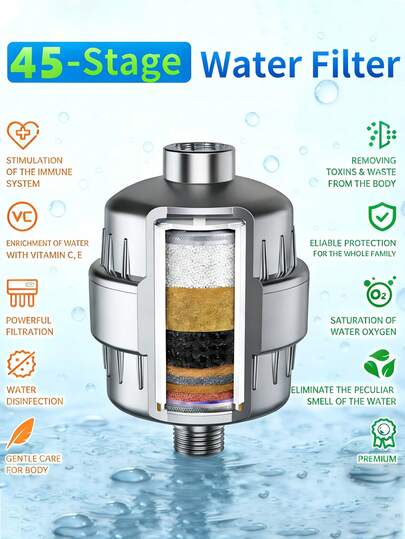 45-Degree Angle Wall-Mounted Shower Filter, Universal Multi-Layer Shower Head Water Purifier, Upgraded Filtration, Brushed Surface, Durable Structure, Effective Water Filtration, Removes Chlorine, Heavy Metals And Impurities, Softens Water To Care For Skin And Hair, Reduces Dry Skin