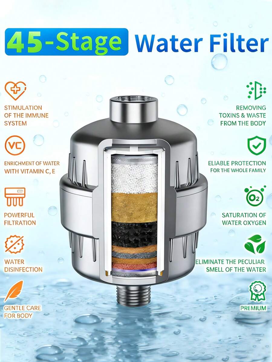 45度角壁挂式淋浴过滤器，通用多层淋浴喷头净水器，升级过滤，拉丝表面，结构坚固耐用，高效过滤水质，去除氯、重金属和杂质，软化水质呵护肌肤和头发，减少皮肤干燥