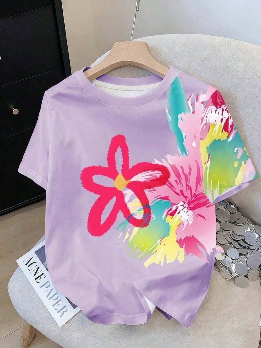 Camiseta blanca de manga corta con bordado floral imitación pesada y cuentas, nuevo estilo chino retro con bordado floral imitación y perlas, elegante camiseta blanca tipo dama, camiseta blanca suelta con imitación de bordado pesado y cuentas al es - Morado - Ver 1