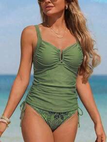 Swim Lushoire 2 piezas Traje de baño tipo tankini para mujer, torso fruncido con acabado en forma de U y estampado floral, casual y cómodo para nadar de vacaciones - Verde militar - Ver 3