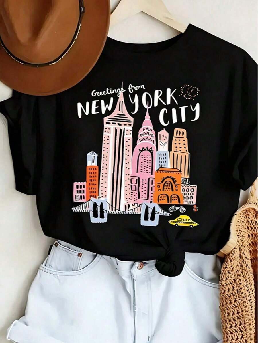 Camiseta de Mujer de Corte Relajado Suave, Estampada, Estilo Y2K, Cuello Redondo - Camiseta Gráfica con Diseño del Skyline de Nueva York para Mujer - Camiseta Casual de Manga Corta con Diseño de la Estatua de la Libertad y el Puente de Brooklyn, Texto "Caustrúmbrate por Nueva York", Lavable a Máquina, Camiseta de Verano y Primavera, Camiseta de Nueva York, Estilo Urbano, Diseño Divertido, Material Transpirable, Camiseta Estampada, Para Entusiastas de la Moda - Moda de Festival de Verano, Camiseta de 200g para Adultos, blusas casuales, playeras de mujer de algodón - Negro - Ver 1