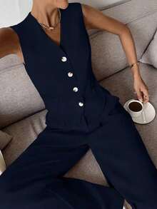Conjunto de chaleco y pantalones casuales y de uso diario para mujer en otoño/invierno - Azul marino - Ver 6