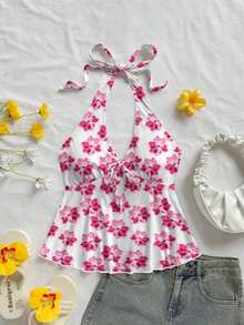 Top de mujer casual de vacaciones con escote en V, lazo y espalda descubierta, apropiado para vacaciones de verano - Multicolor - Ver 4