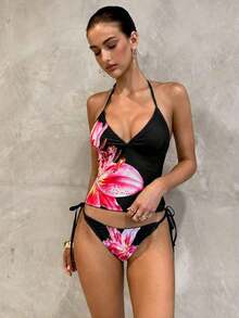 Conjunto de bikini a cuadros de cereza dulce - Negro - Ver 3