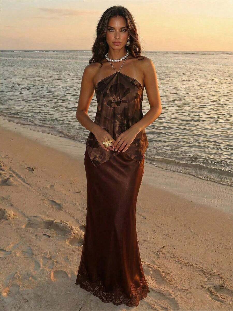 Blusa de mujer elegante con cuello de halter, estampado de tinte anudado y gasa para vacaciones en la playa - Marrón 2 - Ver 1