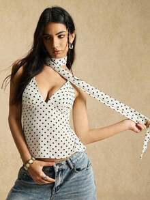 Camiseta sin espalda con lunares blancos para mujer, pieza de lencería sexy para primavera/verano, crea un look casual retro, adecuada para ocasiones de vacaciones - Blanco - Ver 1