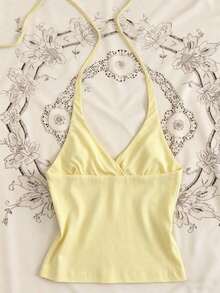 Camiseta de mujer de unicolor con cuello de halter plisado y lazo, versátil para vacaciones y citas - Amarillo claro - Ver 2