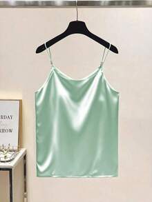 Elegante camiseta de satén con escote en V francés delicado y decoración de perlas, adecuada como prenda de superposición para mujeres - Verde - Ver 2
