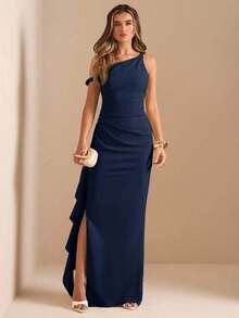 de dama de honor de otoño/invierno, vestido largo elegante con pliegues, abertura alta, volantes y hombros oblicuos con nudo retorcido y sin tirantes, sexy para fiestas - Azul marino - Ver 5