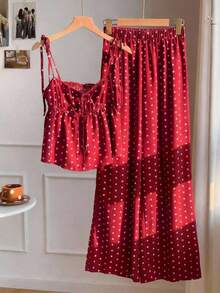 Conjunto de 2 piezas de top tipo camisola con hombros retorcidos y estampado de lunares, y pantalones de pierna ancha, para mujer, estilo casual de verano, retro y de playa - Rojo - Ver 5