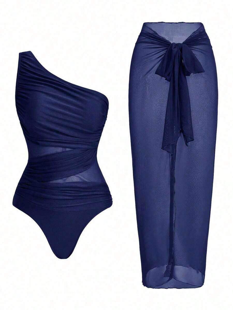 Swim Oasis Traje de baño de una pieza con panel de malla fruncida de unicolor y falda pareo - Azul marino - Ver 1