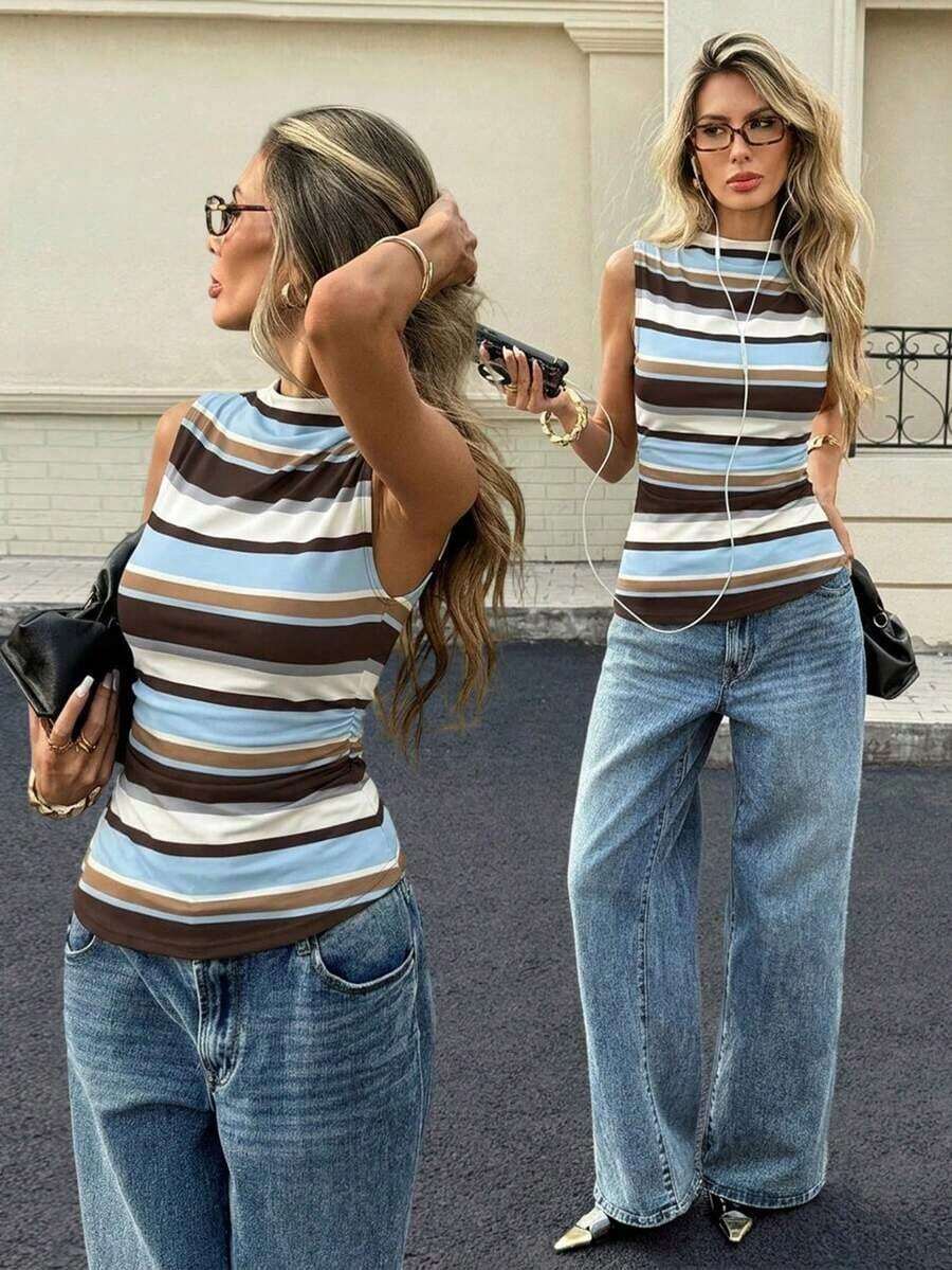 Top sin mangas con dobladillo asimétrico a rayas, estilo urbano casual para primavera y verano, ideal para vacaciones, casual, playa, elegante, vacaciones de primavera, color azul marino - Multicolor 2 - Ver 1