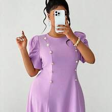 Vestido elegante de color liso con cuello redondo, manga corta, dobladillo irregular, manga abullonada, dobladillo de pañuelo, cintura ceñida, con acento de hebilla de metal, adecuado para vacaciones, informal, viajes diarios, diseño de moda, talla pequeña a grande, vestido largo largo Vestido lavanda para mujer Vestido elegante morado Mujer - Púrpura - Ver 6