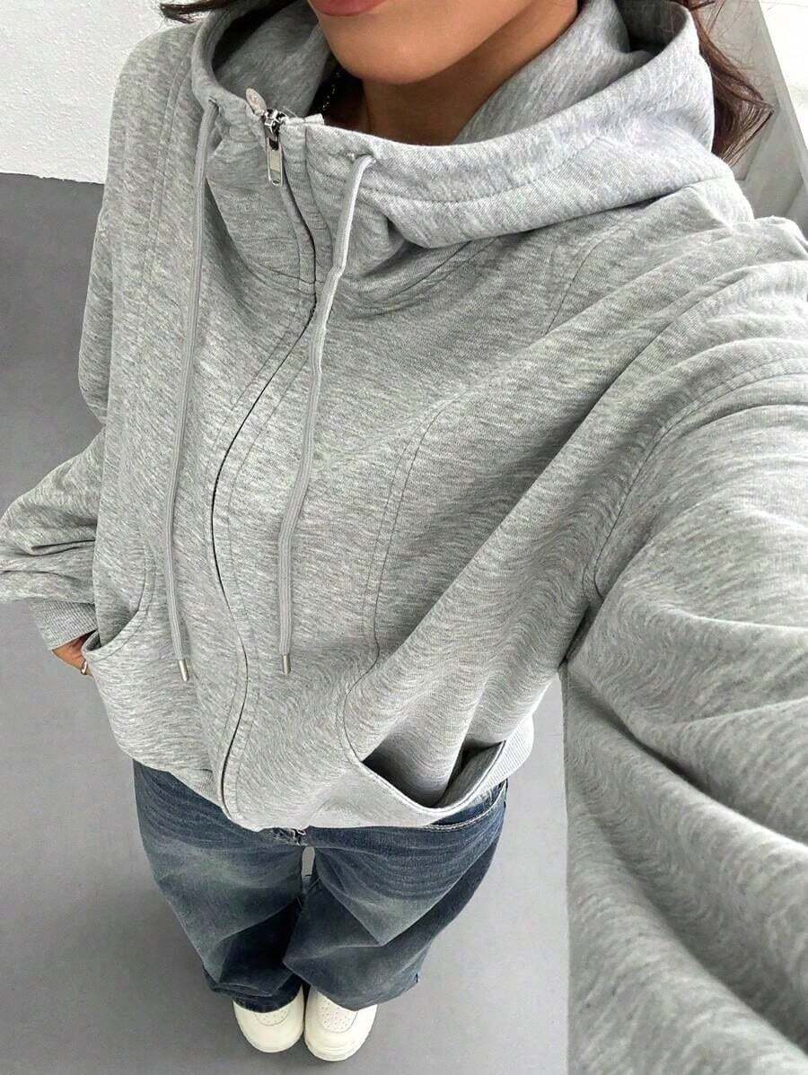 SHEI Women's Zip-Up Sweatshirt With Long Sleeves And Pocket, Casual Minimalist Style, Ideal For Graduation, Back To School, Teacher's Clothing, Fall/Winter Back To School - 灰色 - 查看 1