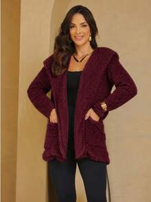 Women's Teddy Coat With Hood And Lined Pocket. - 酒紅色 - 查看 2
