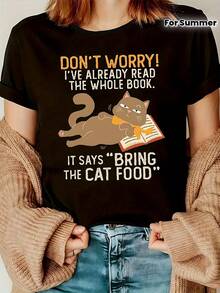 Women's Printed T-Shirt - Fun Cat And Book Design, Short Sleeve, Round Neck, Casual Style, Spring And Summer, Black And White Illustration, Lightweight Polyester Fabric, Perfect For Casual Wear, Cat T-Shirt - 黑色 - 查看 1